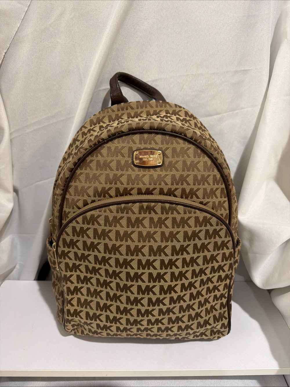 Michael Kors Brown Logo-Print Backpack with Gold Plaque